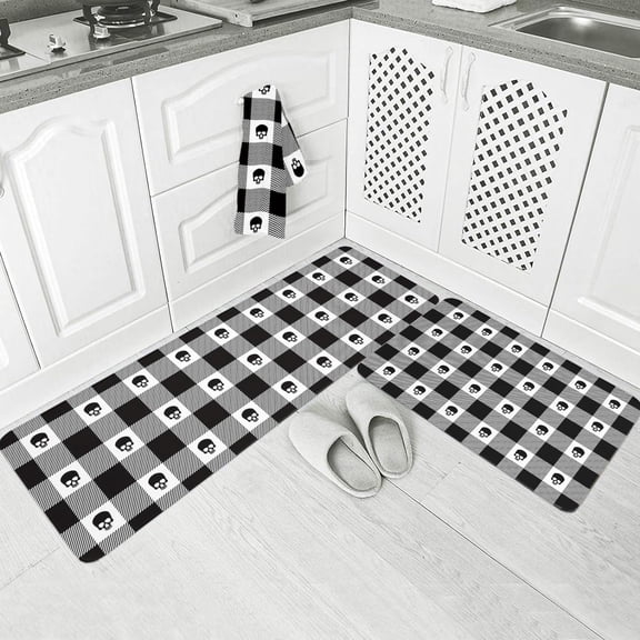 Halloween Kitchen Floor Mats, Scary Skull Plaid 2 PCS Anti Fatigue Area Runner Rugs Set Buffalo Tartan Check Non-Slip Bathroom Comfort Standing Mat Home Decor
