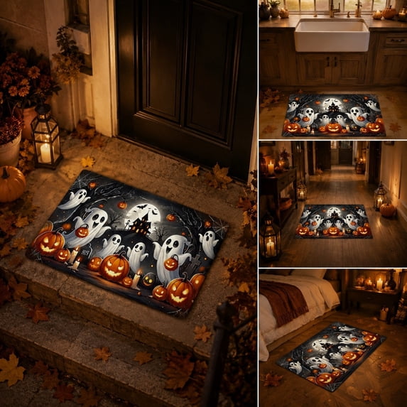 Halloween Kitchen Mat, Ghost Pumpkins Kitchen Rug, Halloween Farmhouse Party Floor Mat for Home Kitchen Decorations