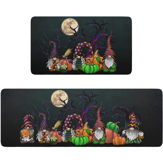Halloween Kitchen Mat,Gnome Pumpkin Decorative Black Kitchen Rugs and Mats Non Skid Washable,Low-Profile Mats for Home Kitchen Halloween Decor,17x48+17x30 Inches