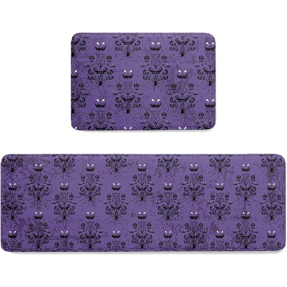 Halloween Kitchen Mat Rug Set of 2 Haunted Halloween Mansion Purple Background Runner Rug Anti-Fatigue Comfort Memory Foam Standing Mat Non-Slip Floor Door Mat for Bathroom Bedroom 18x30in+18x60in
