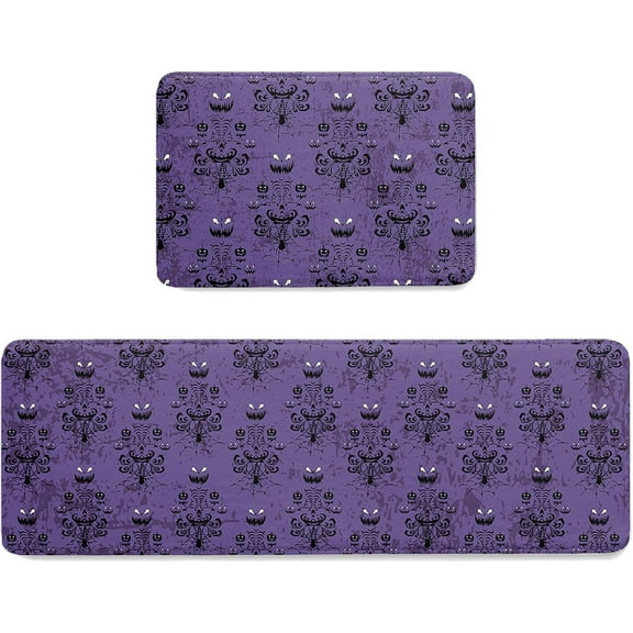 Halloween Kitchen Mat Rug Set of 2 Haunted Halloween Mansion Purple Background Runner Rug Anti-Fatigue Comfort Memory Foam Standing Mat Non-Slip Floor Door Mat for Bathroom Bedroom 18x30in+18x48in