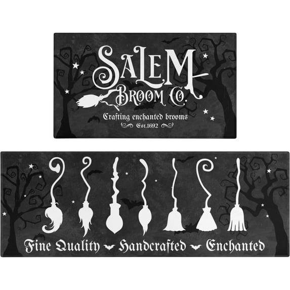 Halloween Kitchen Mat Set of 2,Black Happy Halloween Witch Broom Floor Mats and Rugs Non Skid Washable for Kitchen Home Decor,Halloween Decorations and Accessories (17"x47"+17"x30")