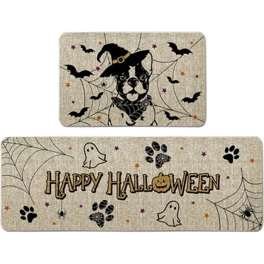 Halloween Kitchen Mat Set of 2 Boston Terrier Kitchen Rugs, Dog Farmhouse Party Floor Mats for Kitchen Home Bathroom Decorations - 17x27 and 17x47 Inch