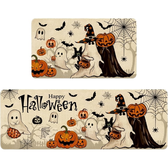 Halloween Kitchen Mat Set of 2,Ghost Evil Pumpkin Bat Happy Halloween Floor Mats and Rugs Non Skid Washable for Kitchen Home Decor Decorations and Accessories (17"x47"+17"x30")
