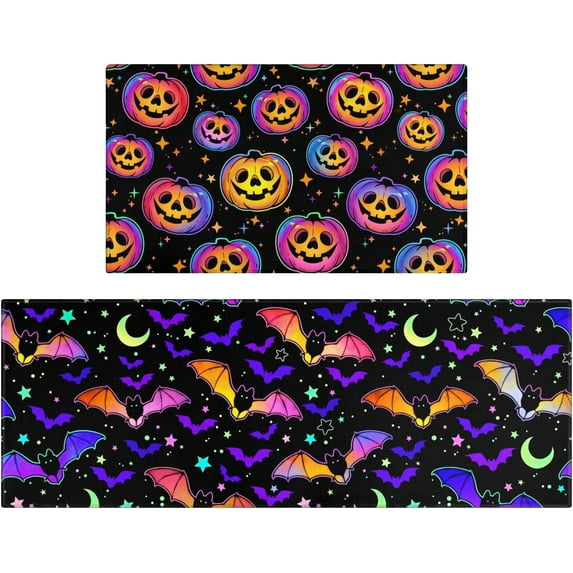 Halloween Kitchen Mat Set of 2,Pumpkin and Bat Happy Halloween Floor Mats and Rugs Non Skid Washable for Kitchen Home Decor,Halloween Decorations and Accessories (17"x47"+17"x30")