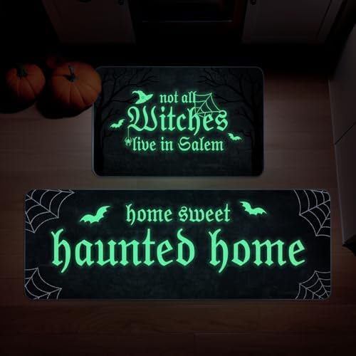 Halloween Kitchen Mat Set of 2 Not All Witches Live in Salem Decorative Glow in The Dark Kitchen Rugs, Luminous Party Home Floor Mats for Indoor Outdoor Decorations-17x27 and 17x47 Inch