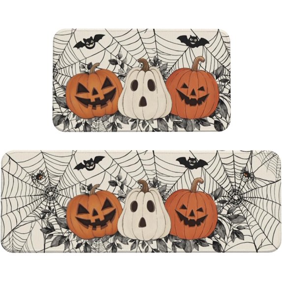 Halloween Kitchen Mat Sets of 2 Pumpkin Bat Spider Web Cream Kitchen Rugs for Floor Home Decor Holiday Decoration Low-Profile Mats,17x29 and 17x47 Inch
