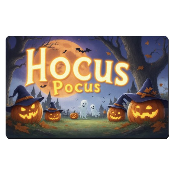 Halloween Kitchen Mats,A group of jack-o-lanterns in front of a full moon with the words Hocus Pocus,Thin Indoor Door Mat,Small Welcome Mat,Doormats