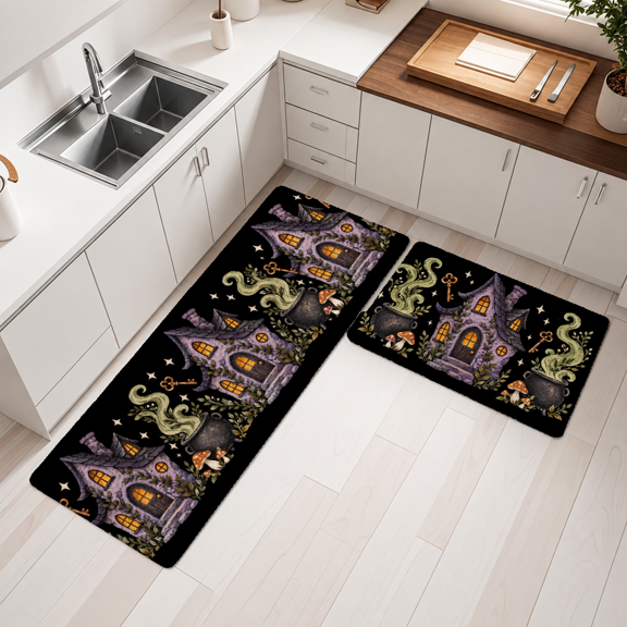 Halloween Kitchen Mats, Dark Magic Gothic Style Black Printed Floor Mats Set, 16 x 24 in + 18 x 48 in