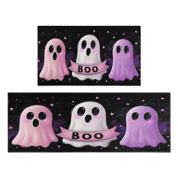Halloween Kitchen Mats Sets Of 2 Happy Halloween Spooky Cute Ghost Boo Kitchen Rugs and Mats for Cooking Outdoor Non Skid Retro Rugs Decorations for Porch Veranda Entryway (17x47in+30x17in)
