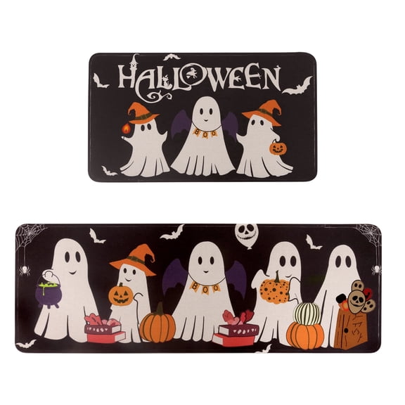 Kzaei Halloween Kitchen Mats Set of 2, 17''x30 17''x47'' Non-Slip Water and Oil Absorbent Rugs for Kitchen Entryway and Feativel Home Halloween Decor, Black