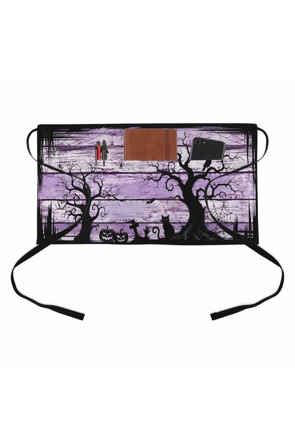 Halloween Kitchen Restaurant Half Waist Apron, Black Cat Goth Tree Silhouette Spiderwebs Purple Wood Grain Server Short Apron with 3 Pockets Waterproof Oil Waist Aprons for Women Waitress Waiter