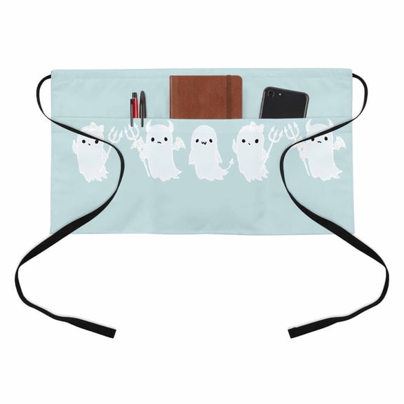 Halloween Kitchen Restaurant Half Waist Apron, Blue Cartoon Line Spooky Devil Ghosts Minimalist Server Short Apron with 3 Pockets Waterproof Oil Waist Aprons for Women Waitress Waiter