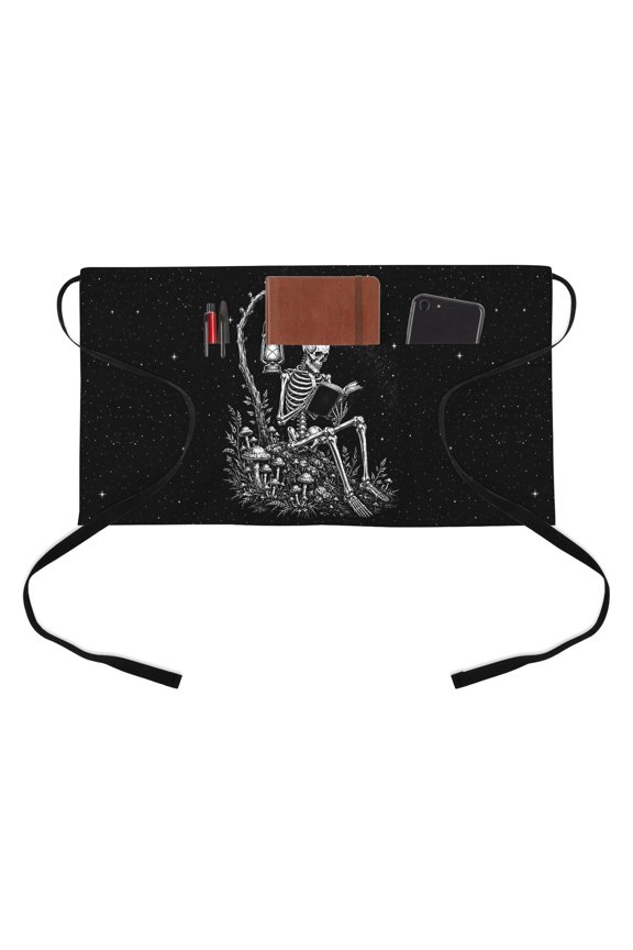 Halloween Kitchen Restaurant Half Waist Apron, Dark Academia Goth Study Tree Arch Mystical Night Moon Stars Server Short Apron with 3 Pockets Waterproof Oil Waist Aprons for Women Waitress Waiter
