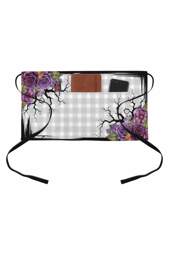 Halloween Kitchen Restaurant Half Waist Apron, Dark Romantic Vintage Purple Rose Goth Tree Gray Plaid Server Short Apron with 3 Pockets Waterproof Oil Waist Aprons for Women Waitress Waiter