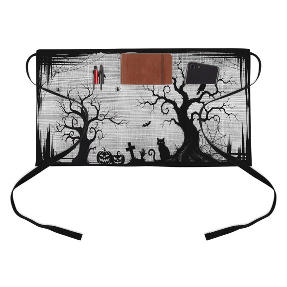 Halloween Kitchen Restaurant Half Waist Apron, Fall Black Cat Goth Tree Silhouette Spiderwebs Ash Gray Server Short Apron with 3 Pockets Waterproof Oil Waist Aprons for Women Waitress Waiter