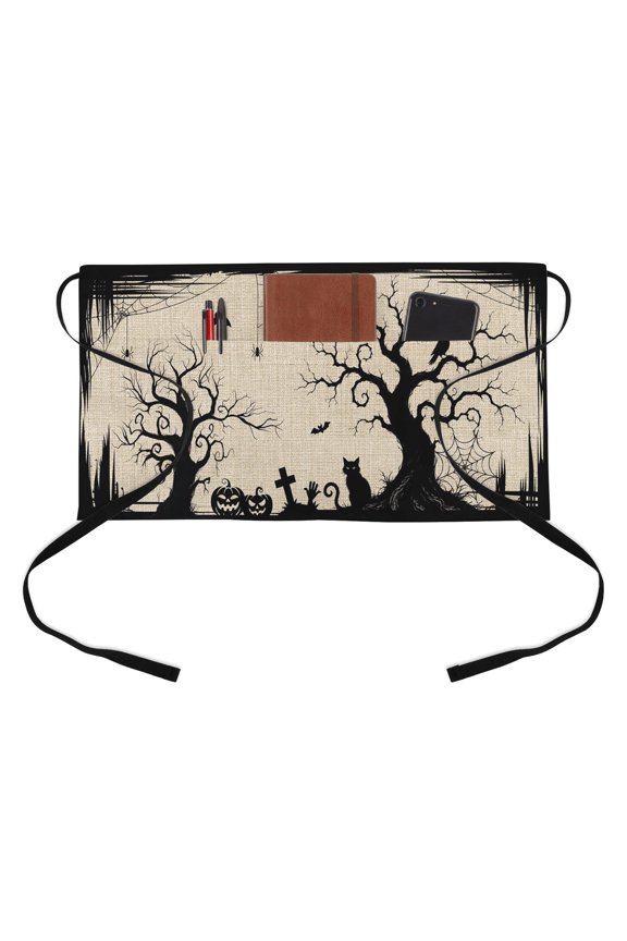 Halloween Kitchen Restaurant Half Waist Apron, Fall Black Cat Goth Tree Silhouette Spiderwebs Linen Texture Server Short Apron with 3 Pockets Waterproof Oil Waist Aprons for Women Waitress Waiter
