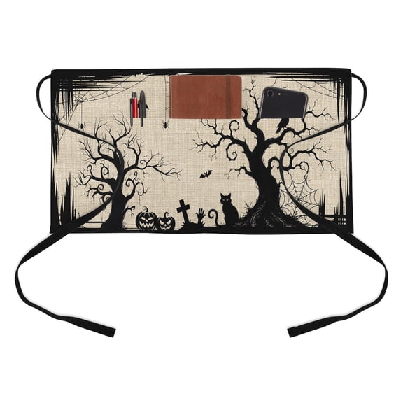 Halloween Kitchen Restaurant Half Waist Apron, Fall Black Cat Goth Tree Silhouette Spiderwebs Linen Texture Server Short Apron with 3 Pockets Waterproof Oil Waist Aprons for Women Waitress Waiter