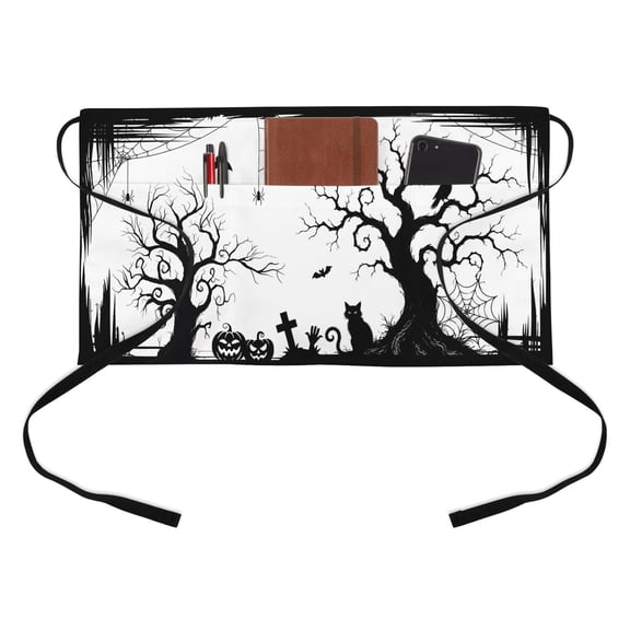 Halloween Kitchen Restaurant Half Waist Apron, Fall Sitting Black Cat Goth Tree Silhouette Spiderwebs Server Short Apron with 3 Pockets Waterproof Oil Waist Aprons for Women Waitress Waiter