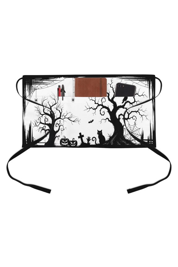 Halloween Kitchen Restaurant Half Waist Apron, Fall Sitting Black Cat Goth Tree Silhouette Spiderwebs Server Short Apron with 3 Pockets Waterproof Oil Waist Aprons for Women Waitress Waiter