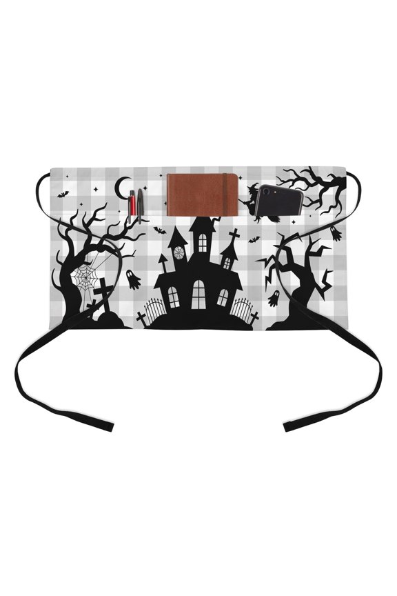 Halloween Kitchen Restaurant Half Waist Apron, Goth Flying Witch Haunted Castle Tree Silhouette Gray Plaid Server Short Apron with 3 Pockets Waterproof Oil Waist Aprons for Women Waitress Waiter