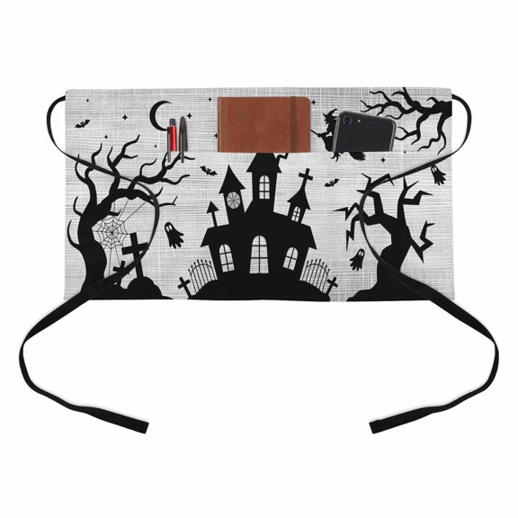 Halloween Kitchen Restaurant Half Waist Apron, Goth Flying Witch Haunted Castle Tree Silhouette Gray Server Short Apron with 3 Pockets Waterproof Oil Waist Aprons for Women Waitress Waiter