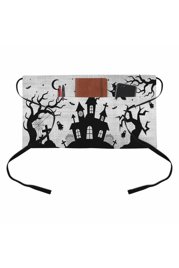 Halloween Kitchen Restaurant Half Waist Apron, Goth Flying Witch Haunted Castle Tree Silhouette Gray Server Short Apron with 3 Pockets Waterproof Oil Waist Aprons for Women Waitress Waiter