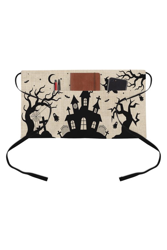 Halloween Kitchen Restaurant Half Waist Apron, Goth Flying Witch Haunted Castle Tree Silhouette Linen Texture Server Short Apron with 3 Pockets Waterproof Oil Waist Aprons for Women Waitress Waiter