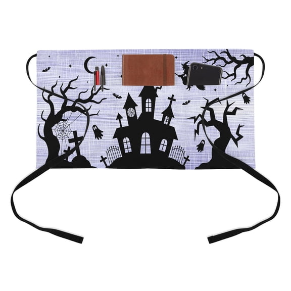 Halloween Kitchen Restaurant Half Waist Apron, Goth Flying Witch Haunted Castle Tree Silhouette Purple Server Short Apron with 3 Pockets Waterproof Oil Waist Aprons for Women Waitress Waiter