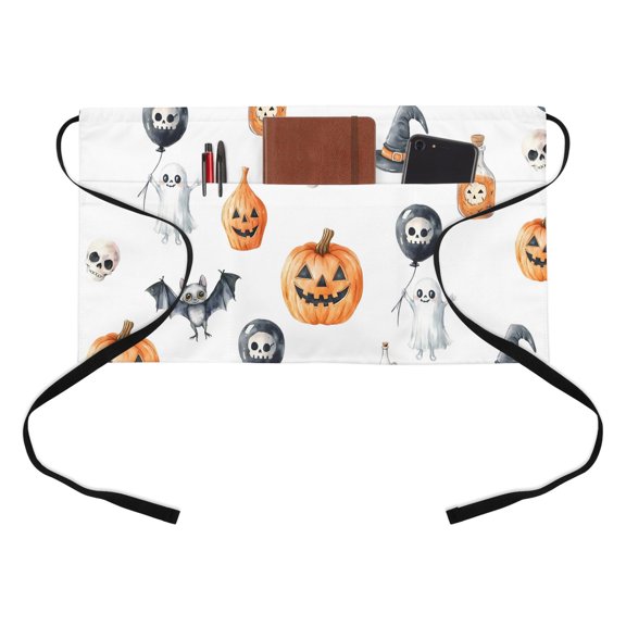 Halloween Kitchen Restaurant Half Waist Apron, Horror Pumpkin Ghost Server Short Apron with 3 Pockets Waterproof Oil Waist Aprons for Women Waitress Waiter