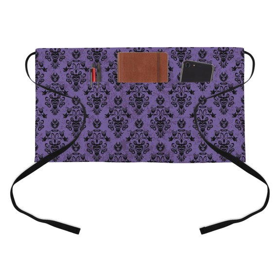 Halloween Kitchen Restaurant Half Waist Apron, Horror Purple Server Short Apron with 3 Pockets Waterproof Oil Waist Aprons for Women Waitress Waiter
