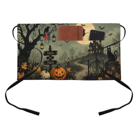 Halloween Kitchen Restaurant Half Waist Apron, Mystical Full Moon Country Road Witch Silhouette Server Short Apron with 3 Pockets Waterproof Oil Waist Aprons for Women Waitress Waiter