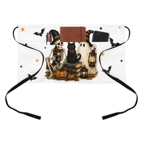 Halloween Kitchen Restaurant Half Waist Apron, Spooky Skeleton Ghost Black Cat Orange Vintage Server Short Apron with 3 Pockets Waterproof Oil Waist Aprons for Women Waitress Waiter