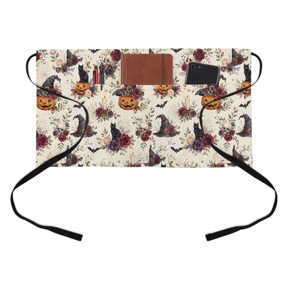 Halloween Kitchen Restaurant Half Waist Apron, Victorian Witch Hat Pumpkin Cat Roses Skulls Linen Server Short Apron with 3 Pockets Waterproof Oil Waist Aprons for Women Waitress Waiter