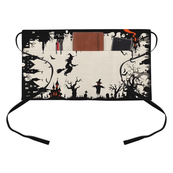 Halloween Kitchen Restaurant Half Waist Apron, Vintage Black Flying Witch Castle Linen Texture Server Short Apron with 3 Pockets Waterproof Oil Waist Aprons for Women Waitress Waiter
