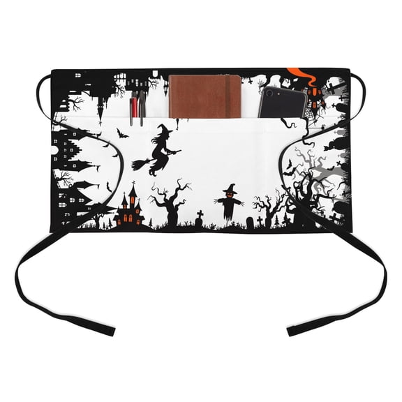 Halloween Kitchen Restaurant Half Waist Apron, Vintage Black Flying Witch Castle Silhouette Server Short Apron with 3 Pockets Waterproof Oil Waist Aprons for Women Waitress Waiter