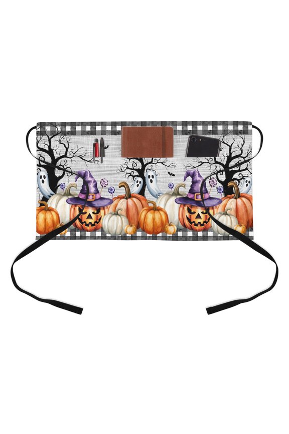 Halloween Kitchen Restaurant Half Waist Apron, Vintage Pumpkin Goth White Ghost Gingham Country Tree Gray Server Short Apron with 3 Pockets Waterproof Oil Waist Aprons for Women Waitress Waiter