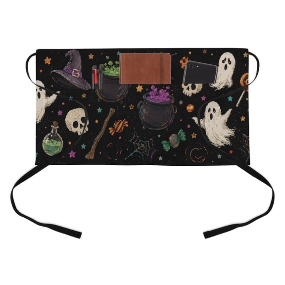 Halloween Kitchen Restaurant Half Waist Apron, Witch Hat Ghost Broom Skull Candy Star Black Server Short Apron with 3 Pockets Waterproof Oil Waist Aprons for Women Waitress Waiter