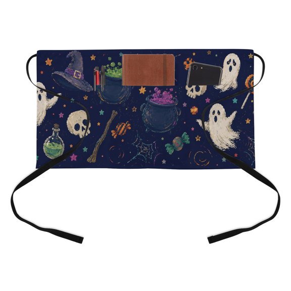 Halloween Kitchen Restaurant Half Waist Apron, Witch Hat Ghost Broom Skull Candy Star Purple Server Short Apron with 3 Pockets Waterproof Oil Waist Aprons for Women Waitress Waiter