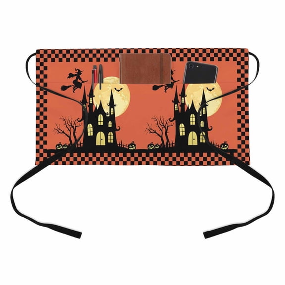 Halloween Kitchen Restaurant Half Waist Apron, Witch Orange Black Checkered Border Castle Moon Server Short Apron with 3 Pockets Waterproof Oil Waist Aprons for Women Waitress Waiter