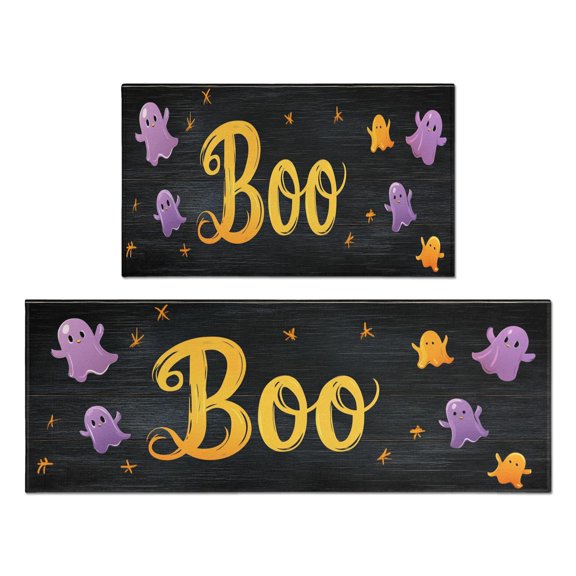 Halloween Kitchen Rug Set Of 2 Absobent Kitchen Mats for Floor,Halloween Scary Ghost Boo Spooky Rug for Kitchen Floor for Bathroom,Room Cooking (47x17+30x17 Inches)
