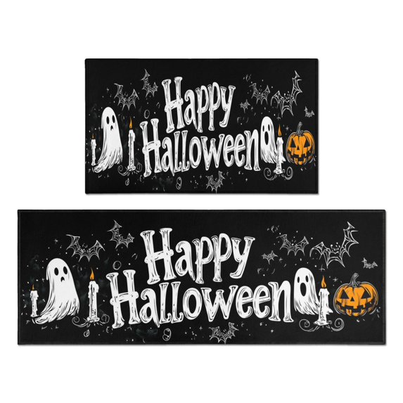 Halloween Kitchen Rug Set Of 2 Absobent Kitchen Mats for Floor,Horror Pumpkin Bat Ghost Happy Halloween Kitchen Rugs and Mats for Bathroom,Room Outdoor (47x17+30x17 Inches)