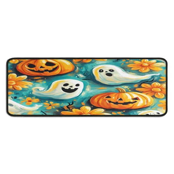 Halloween Kitchen Rug Set of 2 Absobent Kitchen Mats for Floor,Scary Pumpkin Spooky Ghost FLower Halloween Kitchen Runner for Bathroom,Room Door (47x17+30x17 inches)