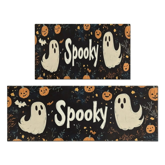 Halloween Kitchen Rug Set Of 2 Anti Fatigue Kitchen Mats for Floor,Cute Ghost Pumpkin Welcome Halloween Kitchen Rugs and Mats for Bathroom,Room Cooking (47x17+30x17 Inches)