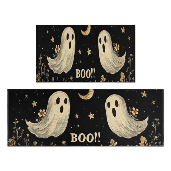 Halloween Kitchen Rug Set Of 2 Anti Fatigue Kitchen Mats for Floor,Happy Halloween Spooky Ghost Boo Rug for Kitchen Floor for Bathroom,Room Bath (47x17+30x17 Inches)
