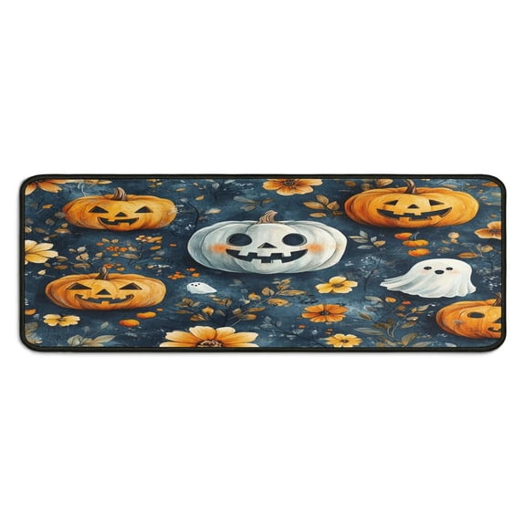 Halloween Kitchen Rug Set of 2 Anti Fatigue Kitchen Mats for Floor,Scary Pumpkin Spooky Ghost FLower Halloween Kitchen Floor Mat for Bathroom,Room Farmhouse (47x17+30x17 inches)