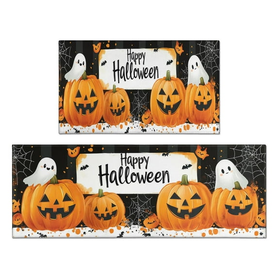 Halloween Kitchen Rug Set Of 2 Non Slip Kitchen Mats for Floor,Cute Ghost Pumpkin Welcome Halloween Kitchen Rugs and Mats for Bathroom,Room Cook (47x17+30x17 Inches)