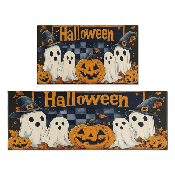 Halloween Kitchen Rug Set Of 2 Non Slip Kitchen Mats for Floor,Horror Pumpkin Bat Ghost Happy Halloween Kitchen Rugs and Mats for Bathroom,Room Cook (47x17+30x17 Inches)