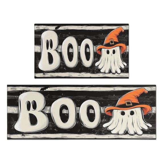 Halloween Kitchen Rug Set Of 2 Non Slip Kitchen Mats for Floor,Spooky Ghost Boo Happy Halloween Spooky Kitchen Rugs and Mats for Bathroom,Room Cooking (47x17+30x17 Inches)