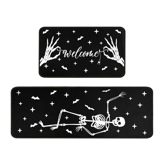 Halloween Kitchen Rug Set of 2, Non Slip Pumpkin Spooky Mats with Anti Fatigue Comfort, Washable Halloween Decor Rugs for Sink Laundry Office, Farmhouse Holiday Floor Mats 15.8x23.6+15.8x43.3 Inches